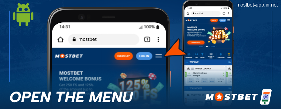 Open the menu in Mostbet App IN